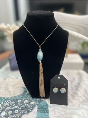 Brand New! Gold-Tone Chain Necklace with Genuine Aqua Stone + Bonus Earrings
